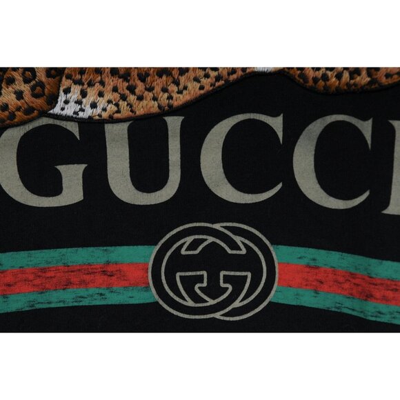 Gucci Mens Embroidered Leopard Logo T Shirt Medium Black Cotton Short Sleeve - Picture 4 of 11